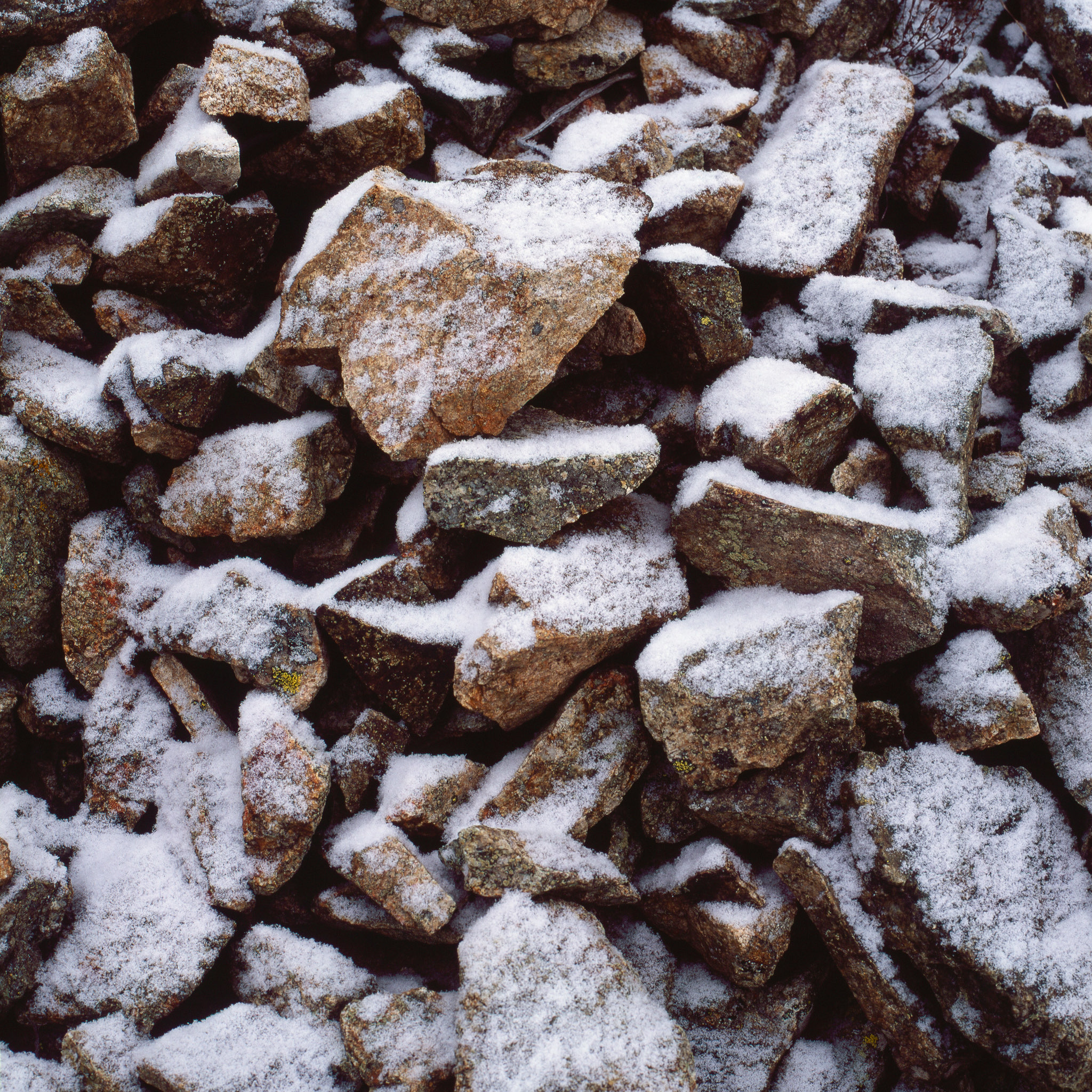 Steine im Schneegestöber auf dem Julier Pass.